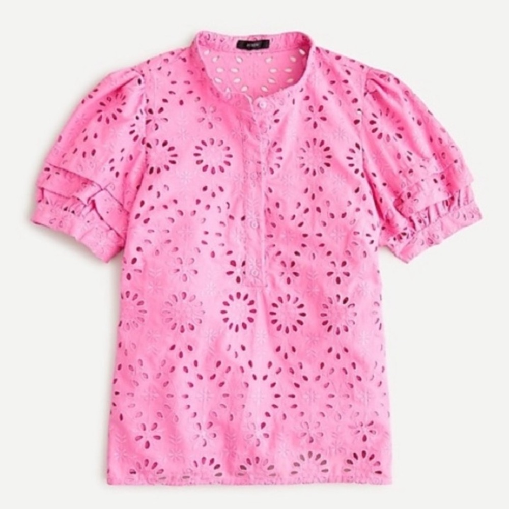 J. Crew Puff Sleeve Eyelet Popover Top Button Ruffle Embroidered Pink Camisole
